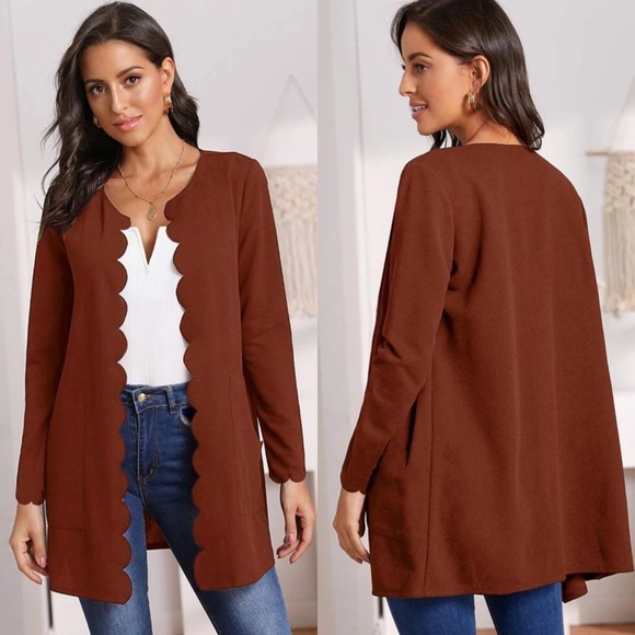 Collarless scalloped hem long line blazer jacket with pockets burgundy - Picture 4 of 6